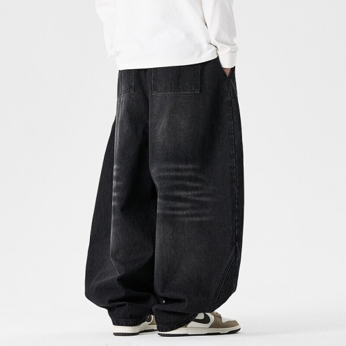 常年款男士大碼日系港風oversize牛仔褲潮寬松休閒濶腿男褲子