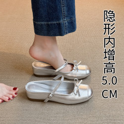 2025夏季新款蝴蝶結瑪麗珍涼拖鞋法式厚底內增高包頭半拖鞋女外穿