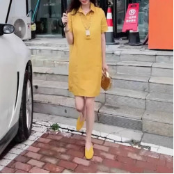 25250大愛美依緣2025夏季新款高級感純色翻領短袖寬松顯瘦連衣裙