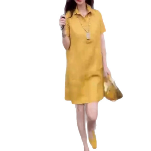 25250大愛美依緣2025夏季新款高級感純色翻領短袖寬松顯瘦連衣裙
