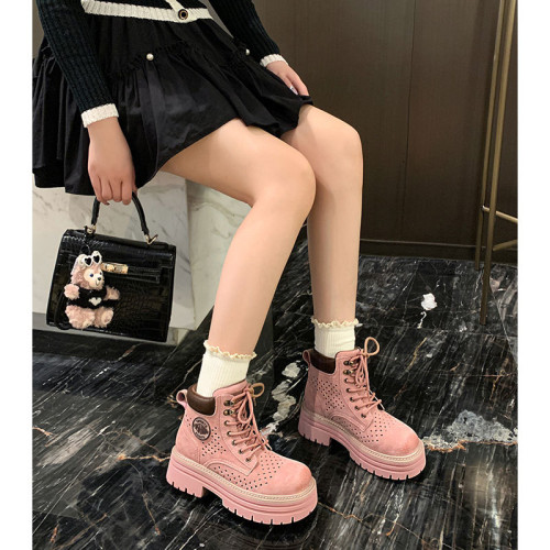 真皮馬丁靴女2025春秋季新款內增高粉色小個子英倫風短靴厚底爆款