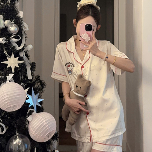 日系ins冰絲睡衣女夏季開衫短袖短褲高級感卡通可愛家居服兩件套