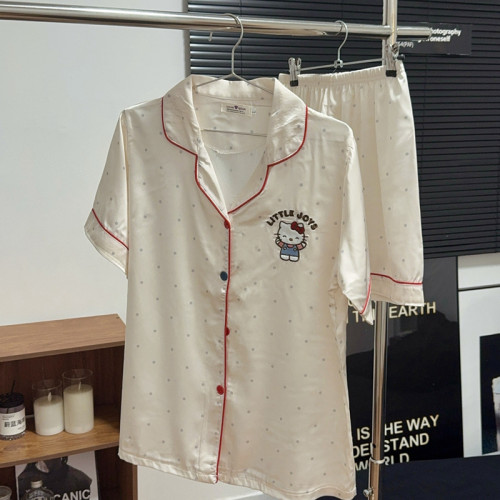日系ins冰絲睡衣女夏季開衫短袖短褲高級感卡通可愛家居服兩件套
