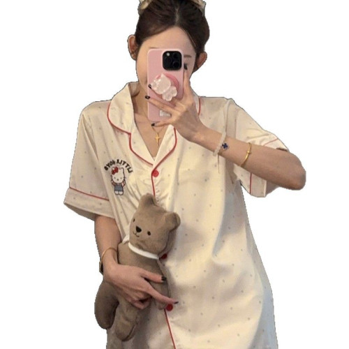 日系ins冰絲睡衣女夏季開衫短袖短褲高級感卡通可愛家居服兩件套