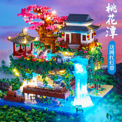 中國風微顆粒桃花潭積木兒童成人高難度益智古風建築拼裝擺件玩具