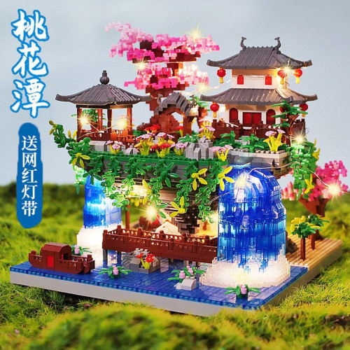 風微顆粒桃花潭積木兒童成人高難度益智古風建築拼裝擺件玩具
