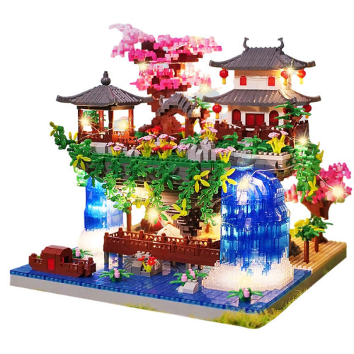 風微顆粒桃花潭積木兒童成人高難度益智古風建築拼裝擺件玩具