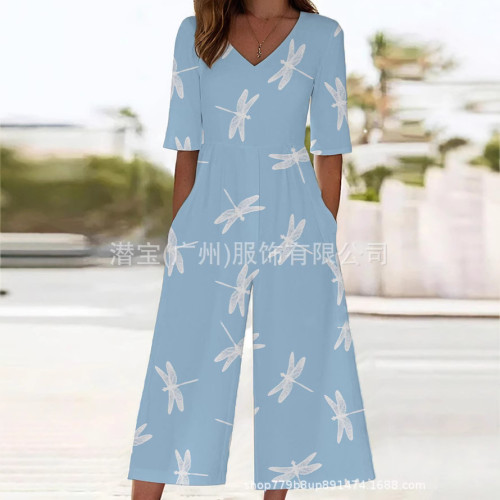 2025新款歐美女裝獨立站春夏爆款印花插袋V 領連體褲