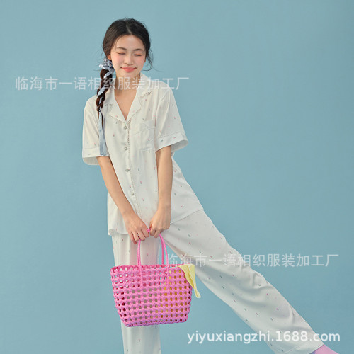 夏季新款月牙花花短袖長褲冰絲睡衣女 可外穿女士家居服套裝