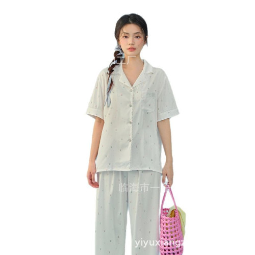 夏季新款月牙花花短袖長褲冰絲睡衣女 可外穿女士家居服套裝