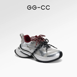 GGCC同款厚底增高老爹鞋女潮春夏2025新款撞色系帶銀色運動休閒鞋