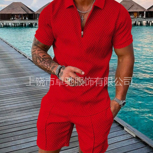 2025POLO拉鍊衫短袖套裝獨立站歐美男裝新款獨立站休閒運