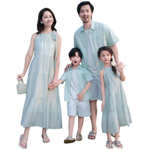 法式曼波薄荷綠無袖背心裙一家三四口親子裝海邊度假氛圍感母女裝