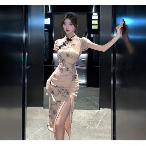 夏季新款少女燙金碎花網紗修身開叉氣質連衣裙中式旗袍技師工作服