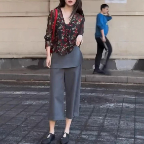 25270大愛美依緣2025夏季新款長袖防曬花襯衫帶屁簾濶腿褲時尚女