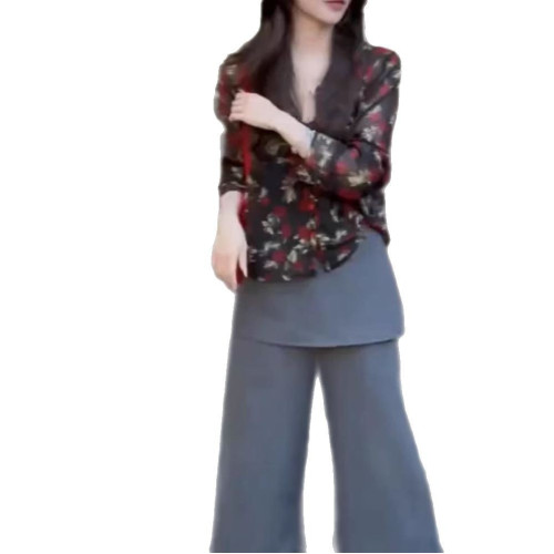 25270大愛美依緣2025夏季新款長袖防曬花襯衫帶屁簾濶腿褲時尚女