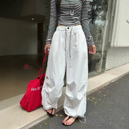 美式休閒褲刺綉字母濶腿褲2025夏季新款松緊腰抽繩束腳直筒運動褲