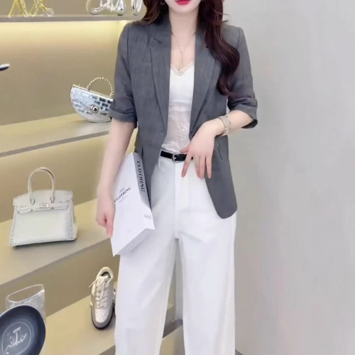 25279大愛美依緣2025夏季新款薄款小西裝外套五分袖休閒西服上衣