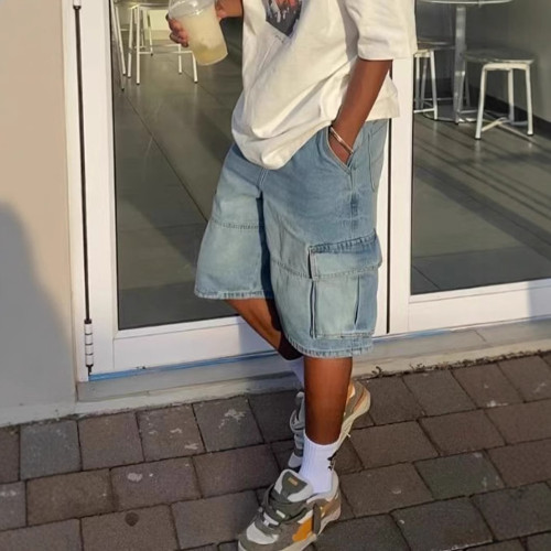 新款男士牛仔寬松短褲歐美街頭時尚ins爆款工裝牛仔直筒五分