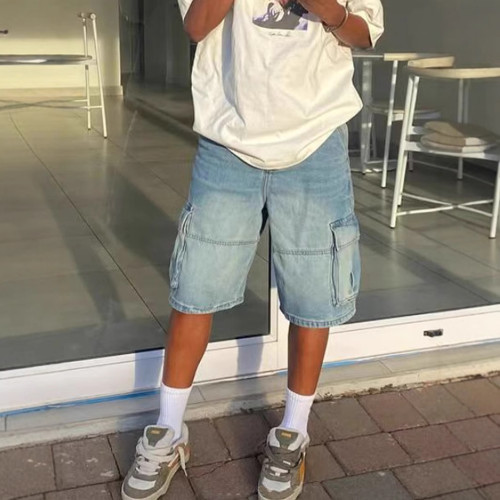 新款男士牛仔寬松短褲歐美街頭時尚ins爆款工裝牛仔直筒五分