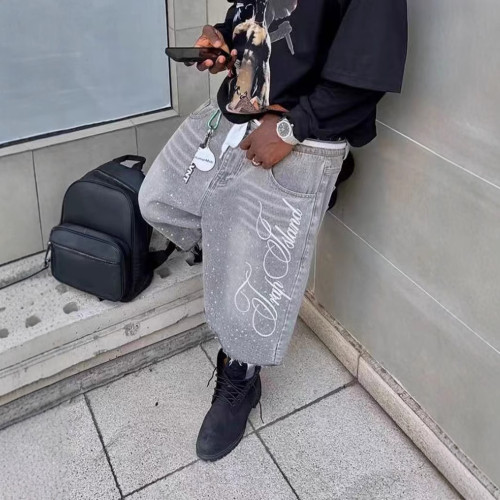 美式復古水洗高街牛仔短褲男女款直筒濶腿做舊寬松休閒百搭七分褲