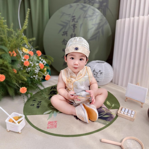 中式周嵗禮服男寶夏季2025新款男童抓周唐裝寶寶生日冠衣衣服薄款