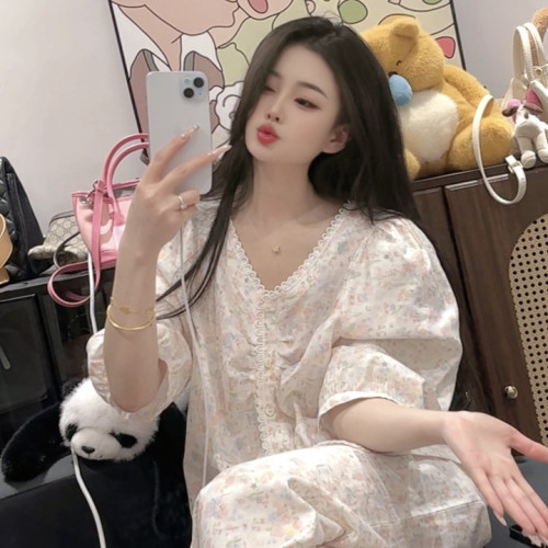 夏季清新甜美可愛休閒純棉碎花中袖睡衣套裝女家居服可外穿顯瘦
