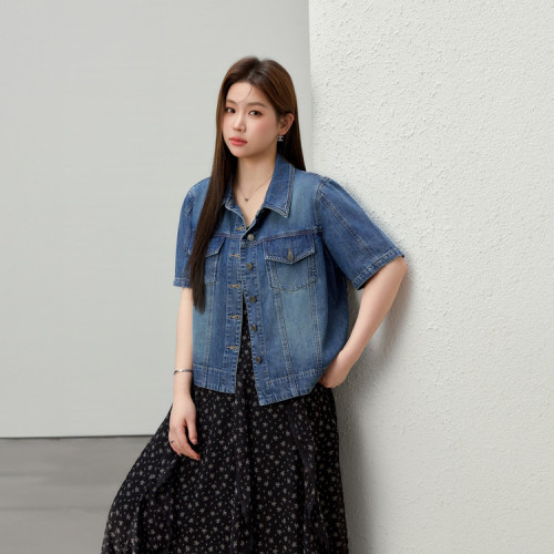 【藍海島嶼】復古港風外搭牛仔外套纖莉秀大碼女裝胖mm2025夏新款