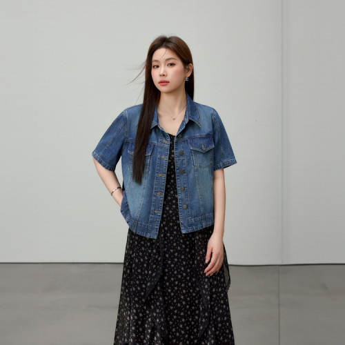 【藍海島嶼】復古港風外搭牛仔外套纖莉秀大碼女裝胖mm2025夏新款