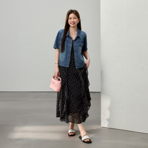【藍海島嶼】復古港風外搭牛仔外套纖莉秀大碼女裝胖mm2025夏新款