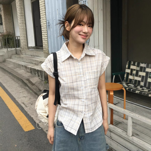戀戀布忘英倫風木耳邊V字領格紋襯衫氣質女收腰紐釦泡泡袖上衣
