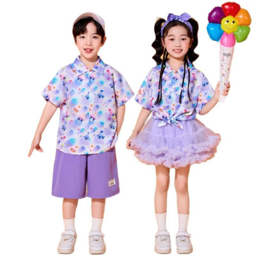 六一兒童啦啦隊演出服小學生卡通襯衫班服套裝幼兒園團體合唱表演