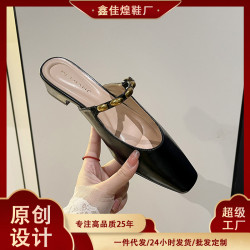 2968-6 方頭瑪麗珍女鞋淺口金屬釦一字帶通勤法式氣質單鞋半拖鞋