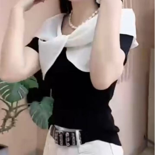 25038婕妤秀夏季新款法式交叉領短袖t恤女士時尚氣質百搭顯瘦小衫