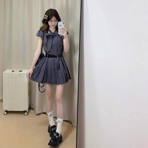 法式灰色波點小飛袖連衣裙子女夏季2025年新款小個子清新甜美短裙