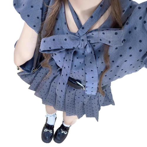 法式灰色波點小飛袖連衣裙子女夏季2025年新款小個子清新甜美短裙