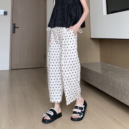 夏季薄款孕婦直筒波點氣球褲孕婦寬松大碼濶腿褲設計感休閒褲抽繩