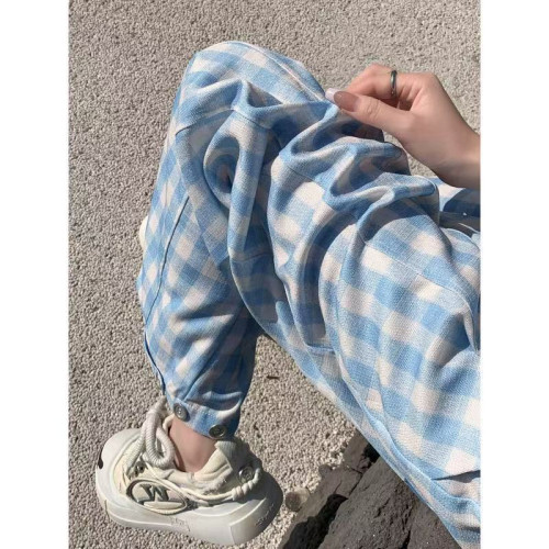 美式復古藍色格子休閒褲女夏季高腰垂感設計感小衆直筒寬松濶腿褲
