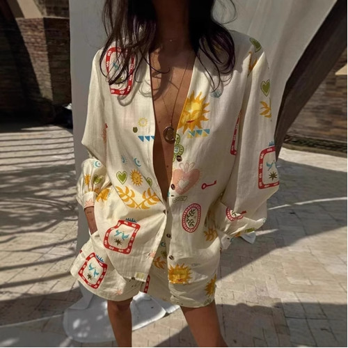 襯衣女裝印花度假襯衫女士襯衫套裝