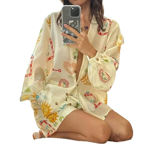 襯衣女裝印花度假襯衫女士襯衫套裝