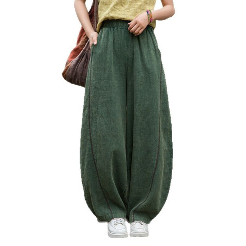 2025夏季棉麻女裝新品苧麻砂洗炒色做舊褲子女式禪修打坐燈籠長褲