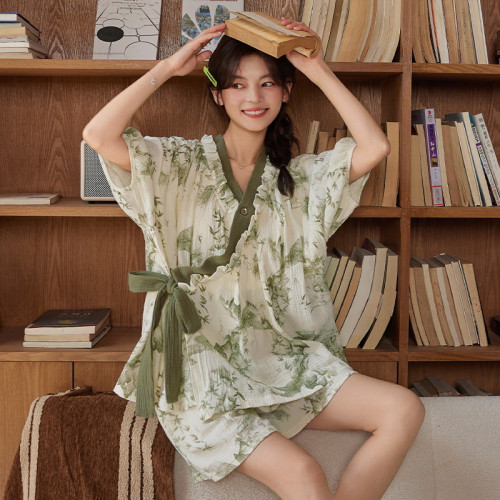 2025夏季新款雲朵棉睡衣女春夏季短袖和服睡裙胸墊套頭女士家居服