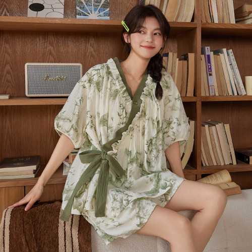 2025夏季新款雲朵棉睡衣女春夏季短袖和服睡裙胸墊套頭女士家居服
