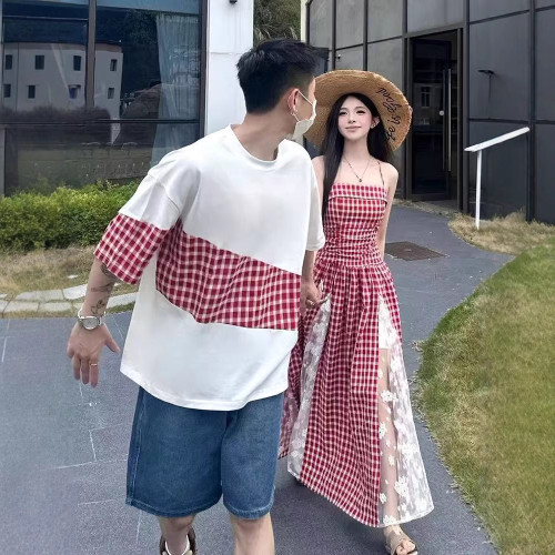 韓版夏季新款親子裝設計感藍色格子吊帶連衣裙女收腰顯瘦氣質長裙