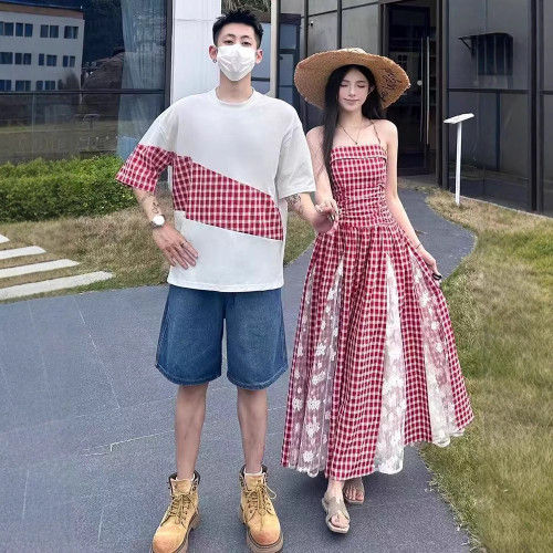 韓版夏季新款親子裝設計感藍色格子吊帶連衣裙女收腰顯瘦氣質長裙