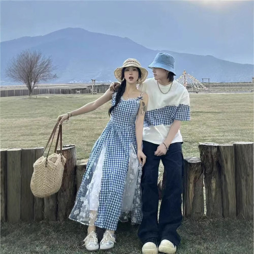 韓版夏季新款親子裝設計感藍色格子吊帶連衣裙女收腰顯瘦氣質長裙