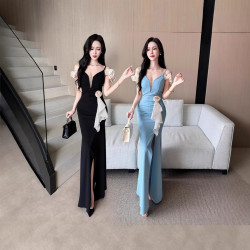 1625高級感吊帶露肩訂花連衣裙晚禮服裙訂婚宴會花朵拼接收腰開叉