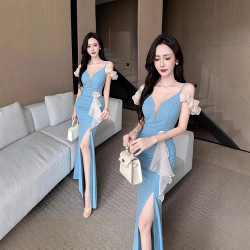 1625高級感吊帶露肩訂花連衣裙晚禮服裙訂婚宴會花朵拼接收腰開叉