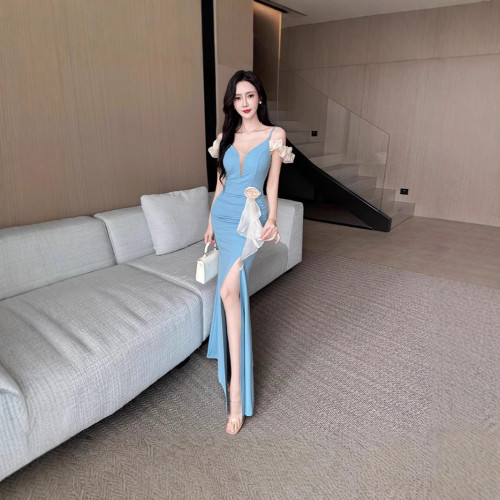 1625高級感吊帶露肩訂花連衣裙晚禮服裙訂婚宴會花朵拼接收腰開叉
