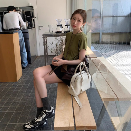 2025【】韓東大門夏季新款pebbl*m圓領休閒日常純色短袖T恤女